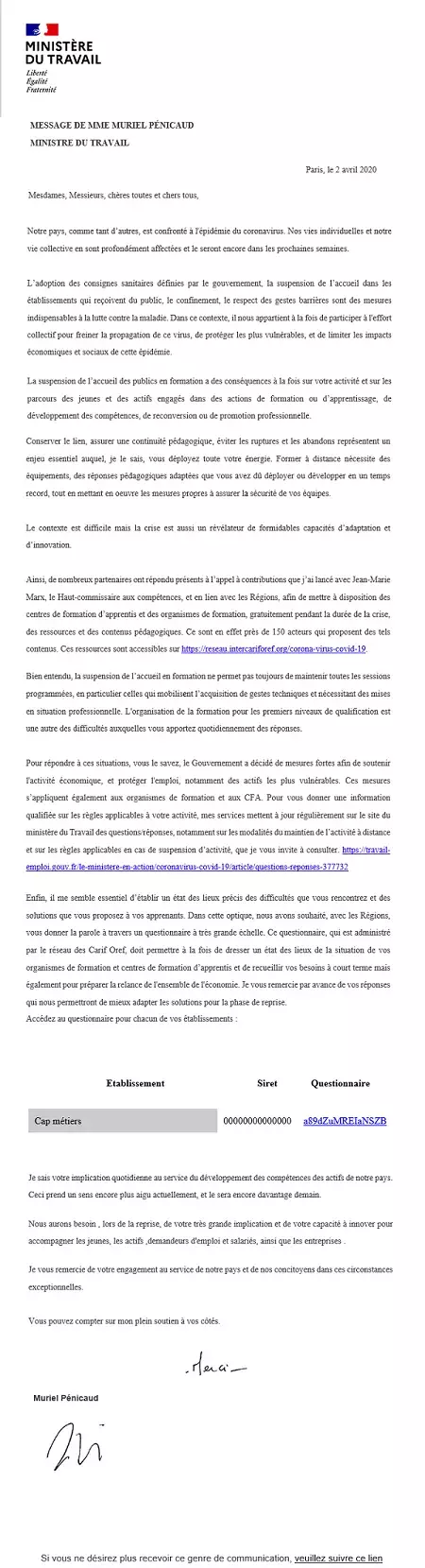 Courrier de M. Pénicaud aux organismes de formation et aux CFA